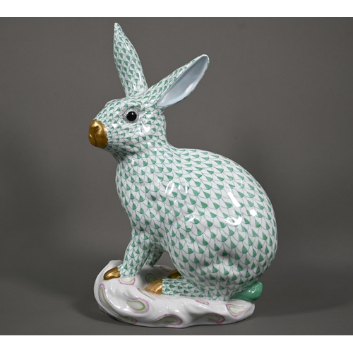 631 - A large Herend seated hare with hand-painted with green scales and gilt nose and feet, no. 5534, 30 ... 