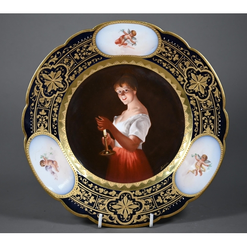 663 - A Vienna porcelain cabinet plate, painted with 'Girl with a Candle' after Georges de la Tour, signed... 