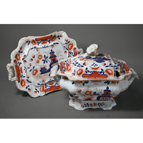 676 - A Regency Masons-type stone china tureen and cover, decorated with pagoda pattern in the Imari palet... 