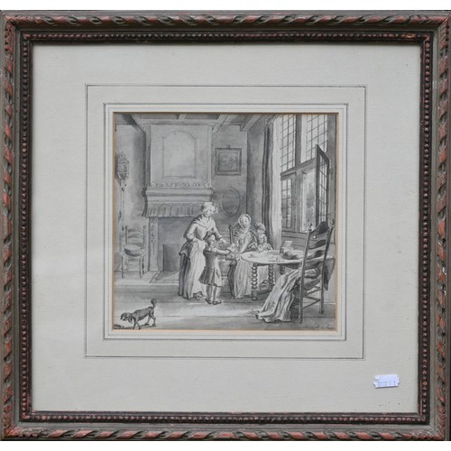 750A - Maria Margaretha la Fargue (1743-1813) - An domestic interior scene, inkwash, signed lower right, 21... 