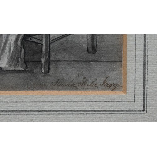 750A - Maria Margaretha la Fargue (1743-1813) - An domestic interior scene, inkwash, signed lower right, 21... 