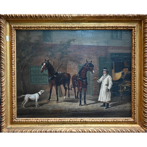 751 - W Turner - A groom with horses before a coach house, oil on panel, signed lower left, 39 x 51 cm