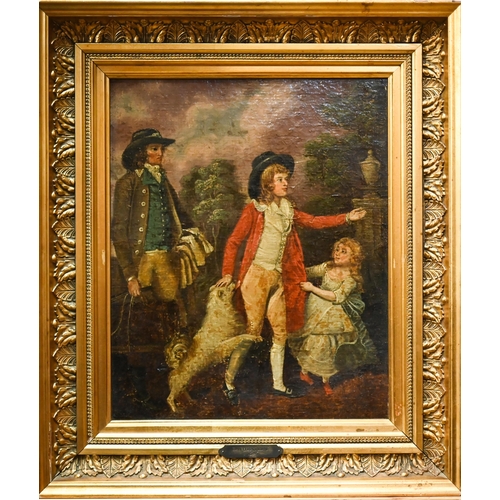 752 - F Wheatley attrib (1747-1801) - Children in a garden, oil on board, 35 x 30 cm