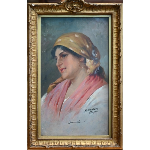 753 - Bernardo Hay (1864-1931) - Study of a gypsy lady 'Carmella', oil on card, signed and inscribed lower... 