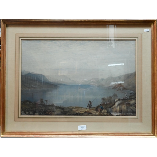 791 - T M Richardson attrib - Scottish landscape with fisherman, watercolour, 36 x 54 cm