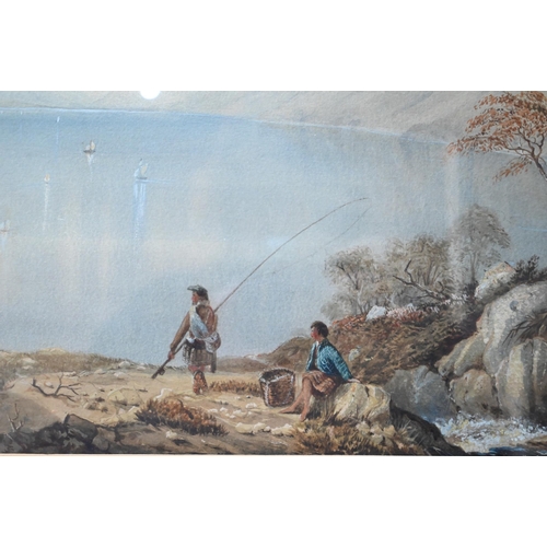 791 - T M Richardson attrib - Scottish landscape with fisherman, watercolour, 36 x 54 cm