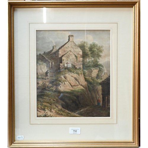 792 - Samuel Smith attrib (1790-1840) - 'Figures on a village path', watercolour, 30 x 25.5 cm