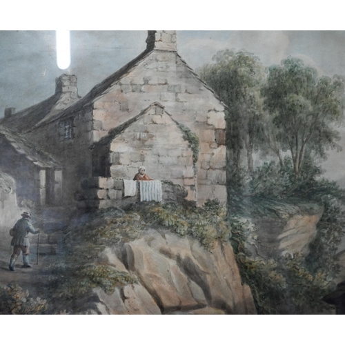 792 - Samuel Smith attrib (1790-1840) - 'Figures on a village path', watercolour, 30 x 25.5 cm