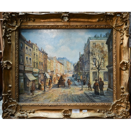 797 - M J Rendell - A busy street view, oil on board, signed lower left, 38.5 x 48.5 cm