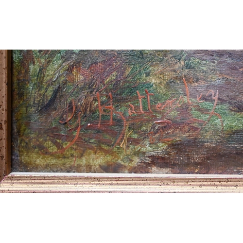 802 - G Hatterley - Figures resting on the banks of a stream, oil on canvas, signed lower left, 44.5 x 34.... 