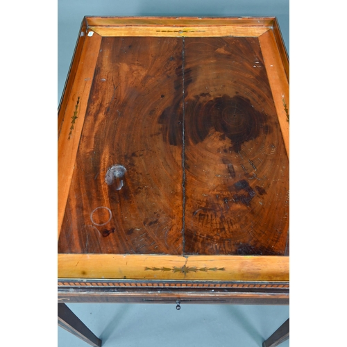 947 - A Sheraton period inlaid tray top satinwood silver table, with slide to each side, raised on square ... 