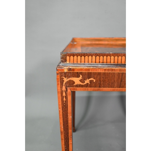 947 - A Sheraton period inlaid tray top satinwood silver table, with slide to each side, raised on square ... 