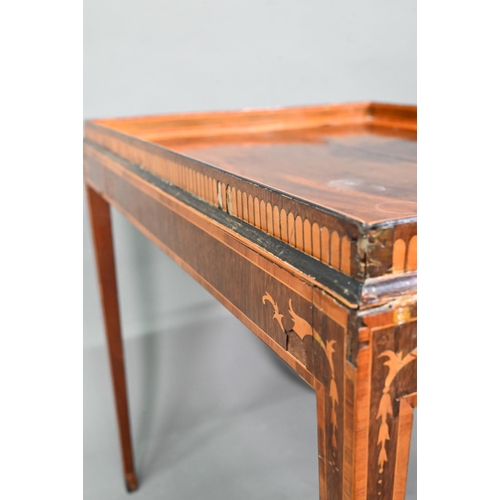 947 - A Sheraton period inlaid tray top satinwood silver table, with slide to each side, raised on square ... 