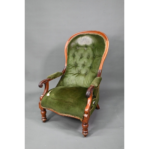 955 - Two Victorian button backed salon armchairs, in green dralon with serpentine seats, raised on turned... 