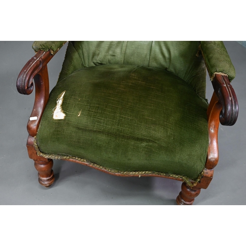 955 - Two Victorian button backed salon armchairs, in green dralon with serpentine seats, raised on turned... 