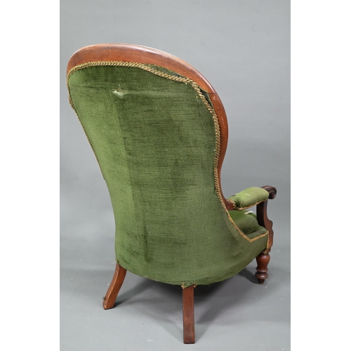 955 - Two Victorian button backed salon armchairs, in green dralon with serpentine seats, raised on turned... 