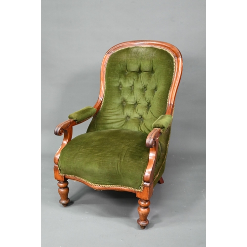 955 - Two Victorian button backed salon armchairs, in green dralon with serpentine seats, raised on turned... 