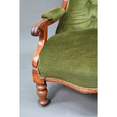 955 - Two Victorian button backed salon armchairs, in green dralon with serpentine seats, raised on turned... 