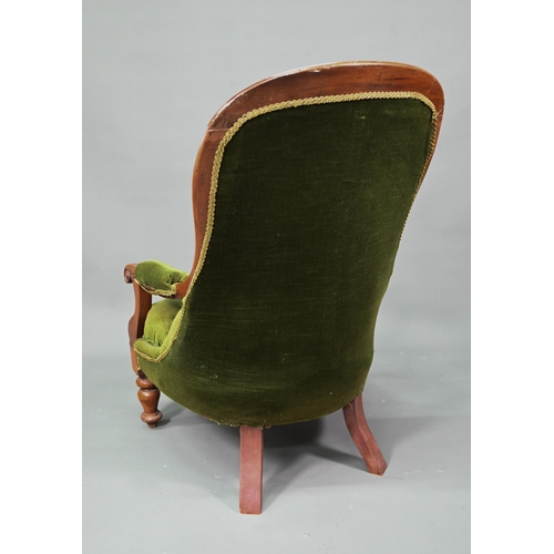 955 - Two Victorian button backed salon armchairs, in green dralon with serpentine seats, raised on turned... 