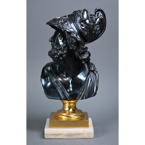 1083 - An antique classical bronze bust, raised on a gilt socle on onyx base, 27 cm h