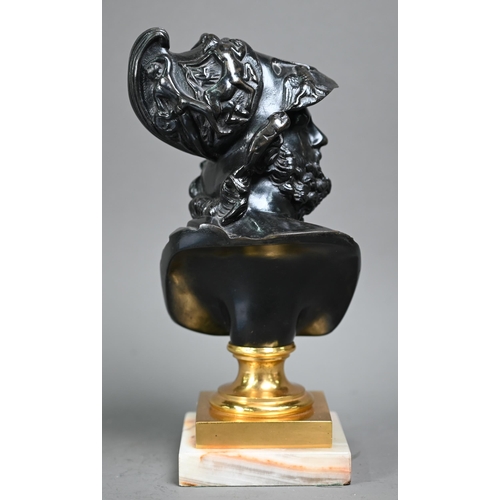 1083 - An antique classical bronze bust, raised on a gilt socle on onyx base, 27 cm h