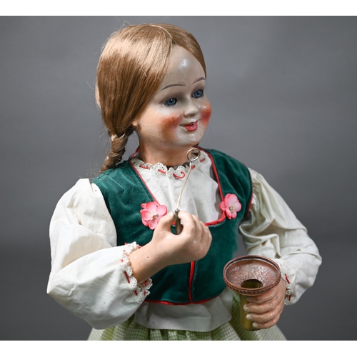 1252 - A large 19th century French automaton, Farmer's Daughter Blowing Bubbles, with duckling - she dips h... 