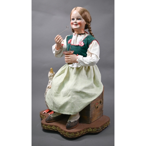 1252 - A large 19th century French automaton, Farmer's Daughter Blowing Bubbles, with duckling - she dips h... 