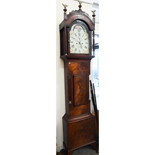 W Maggs Axbridge - A 19th century mahogany longcase clock with painted moonphase dial with subsidiary seconds dial and date aperture on eight-day movement c/w two weights, key and part-pendulum, 223 cm high, a/f