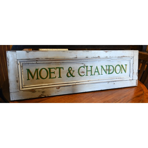 Vintage painted pine 'Moet & Chandon' panel, 108 cm wide x 33 cm high