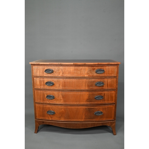 R & R Starling, Bristol, a pair of reproduction Georgian style  cross-banded mahogany bowfront chests of four long graduated drawers, with oval backplate handles,raised on splayed bracket feet, each 115 cm w x 54 cm x 101 cm h  (2)