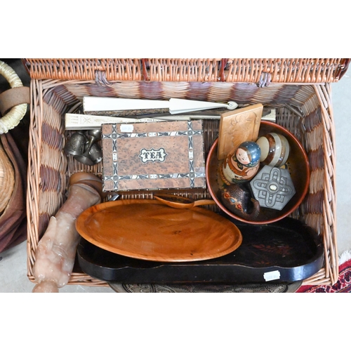 539 - A vintage wicker hamper containing a 19th century caddy, a soapstone figure of Guanyin and various o... 