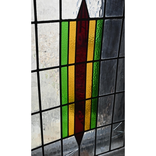 540 - # A rectangular leaded stained glass window 112 cm x 70 cm to/w two conforming smaller examples (dam... 