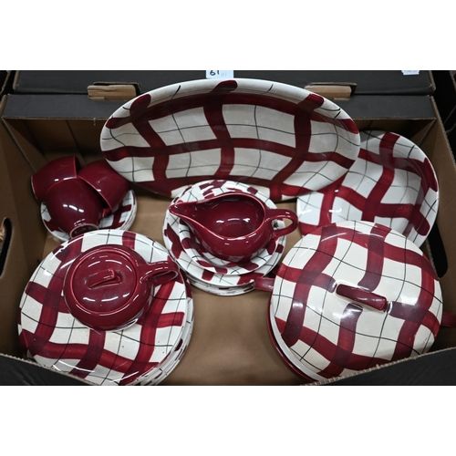 61 - A vintage Empire Pottery part breakfast set with puce tartan pattern, to/w a quantity of Tintagel Po... 