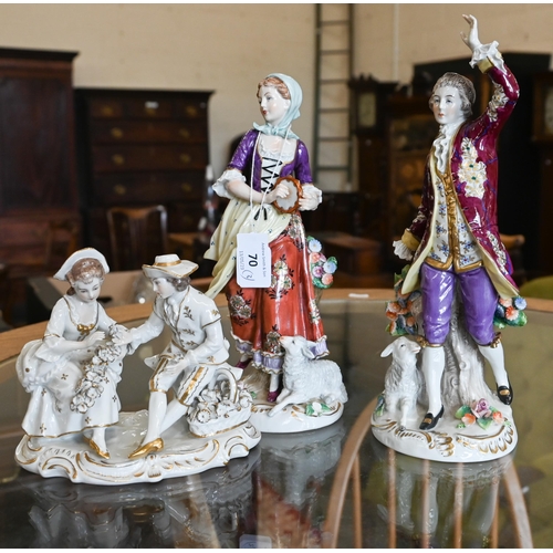 70 - A pair of Sitzendorf porcelain figures of an 18th century lady and gentleman, 17/14cm high, to/w a s... 