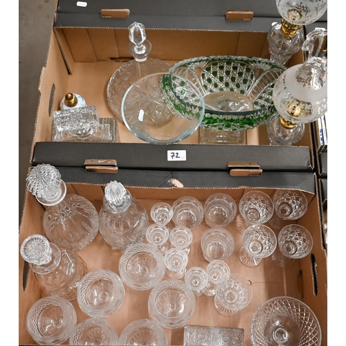 72 - A quantity of cut and other drinking glasses, decanters, pair of oil lamps, etc (2 boxes)