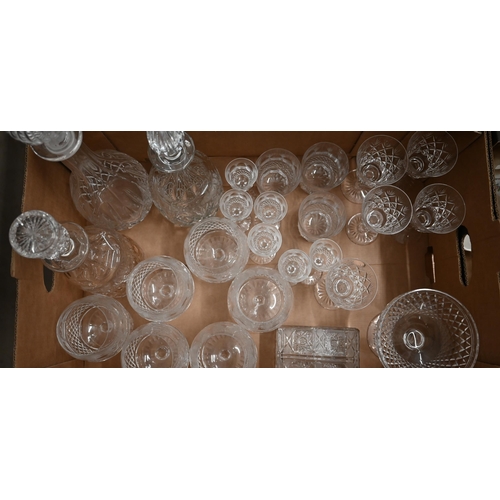 72 - A quantity of cut and other drinking glasses, decanters, pair of oil lamps, etc (2 boxes)