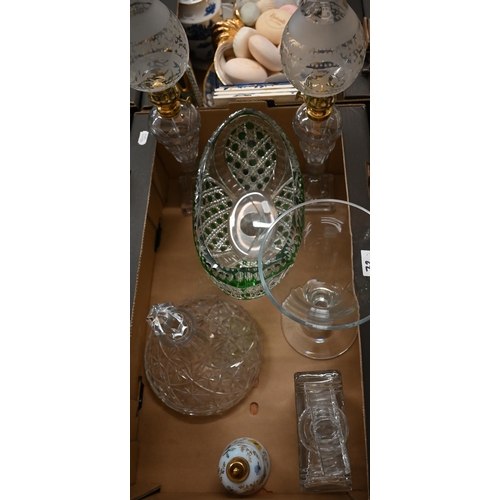 72 - A quantity of cut and other drinking glasses, decanters, pair of oil lamps, etc (2 boxes)