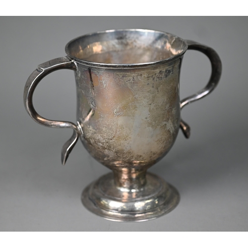 71 - A George III silver loving cup with twin scroll handles on plain stem and domed foot, Charles Hougha... 