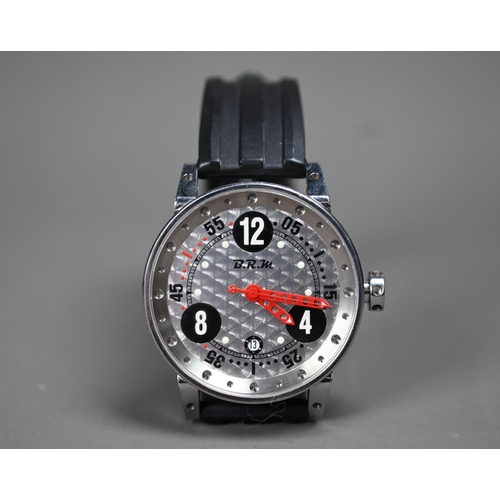 401 - A French BRM automatic wristwatch, 44 mm dia. case, red hands, stainless dial, with original strap, ... 