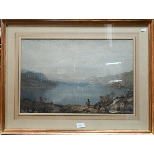 668 - T M Richardson attrib - Scottish landscape with fisherman, watercolour, 36 x 54 cm