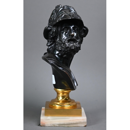 1164 - An antique classical bronze bust, raised on a gilt socle on onyx base, 27 cm h