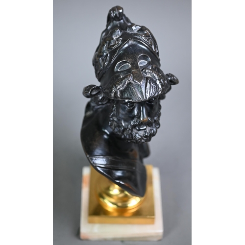 1164 - An antique classical bronze bust, raised on a gilt socle on onyx base, 27 cm h