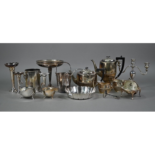 10 - An epns half-reeded four-piece tea/coffee service to/w a candelabrum, comport, ice-bucket, syphon st... 