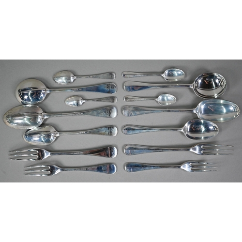 100 - A set of Hanoverian rat-tail flatware complete for six, comprising dessert spoons and forks, table f... 