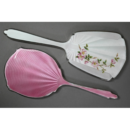 101 - A basse-taille and floral enamelled silver four-piece brush set including hand-mirror and comb (latt... 