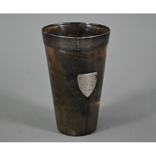 106 - Winchester College interest - a Victorian silver-mounted horn rowing trophy beaker, Challenge Fours ... 