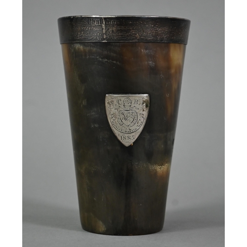 106 - Winchester College interest - a Victorian silver-mounted horn rowing trophy beaker, Challenge Fours ... 