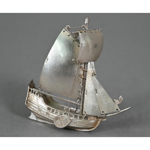 112 - A miniature silver sailing vessel in full sail, Adolph Barsach Davis, London import 1928, 8cm high, ... 