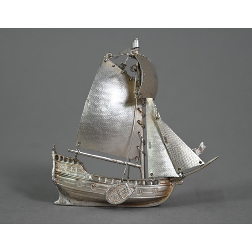 112 - A miniature silver sailing vessel in full sail, Adolph Barsach Davis, London import 1928, 8cm high, ... 