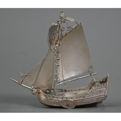 112 - A miniature silver sailing vessel in full sail, Adolph Barsach Davis, London import 1928, 8cm high, ... 